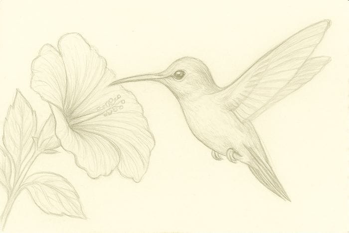 Pencil sketch of a hand drawing a hummingbird hovering near a hibiscus flower with fine details and shading
