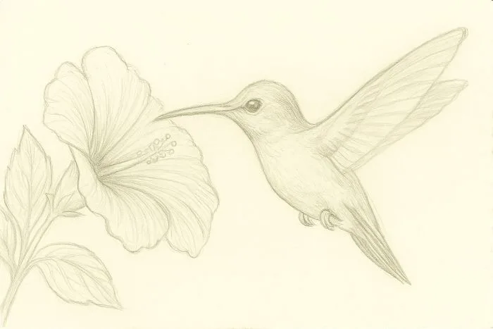 Pencil sketch of a hand drawing a hummingbird hovering near a hibiscus flower with fine details and shading