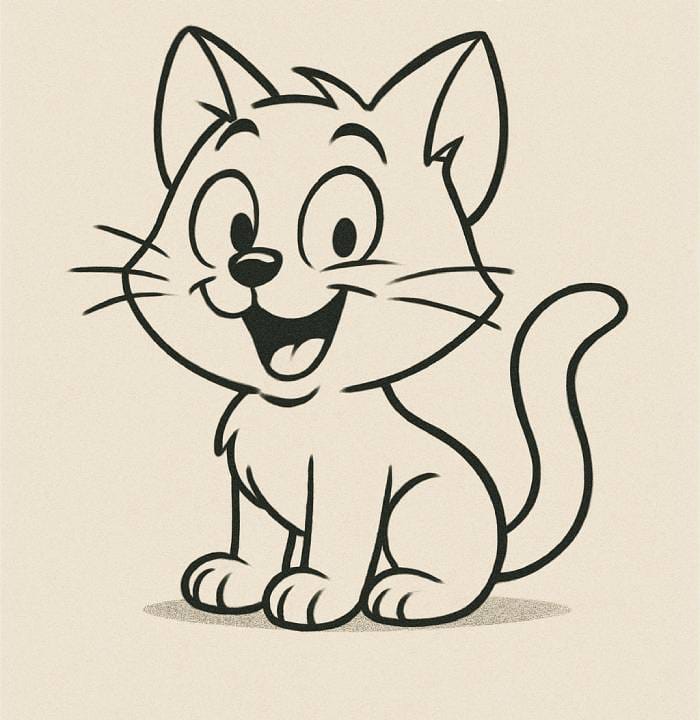 Black and white cartoon drawing of a happy cat with big eyes, open mouth, and a playful expression.