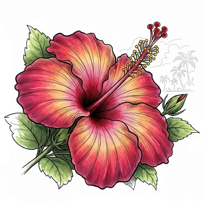 Vibrant red and yellow hibiscus flower drawing with green leaves and tropical background sketch
