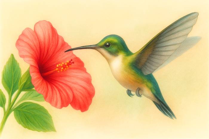 Color pencil drawing of a hummingbird feeding from a vibrant red flower of the tutorial.