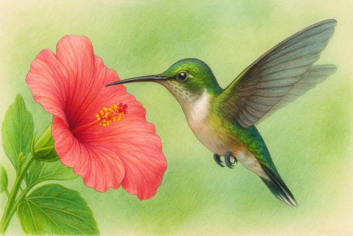 Final step of a colored pencil drawing showing a realistic green hummingbird drinking nectar from a bright red flower on a soft green background.