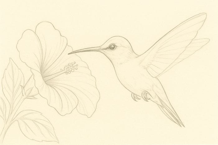 Detailed pencil sketch of a hummingbird sipping nectar from a flower for drawing tutorial