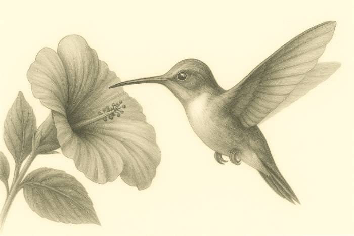 Realistic pencil shading of a hummingbird sipping nectar from a flower drawing tutorial.