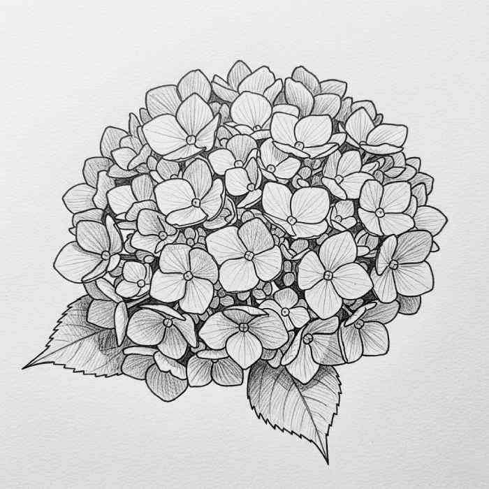 Pencil sketch of a hydrangea cluster with numerous small flowers and detailed leaves.