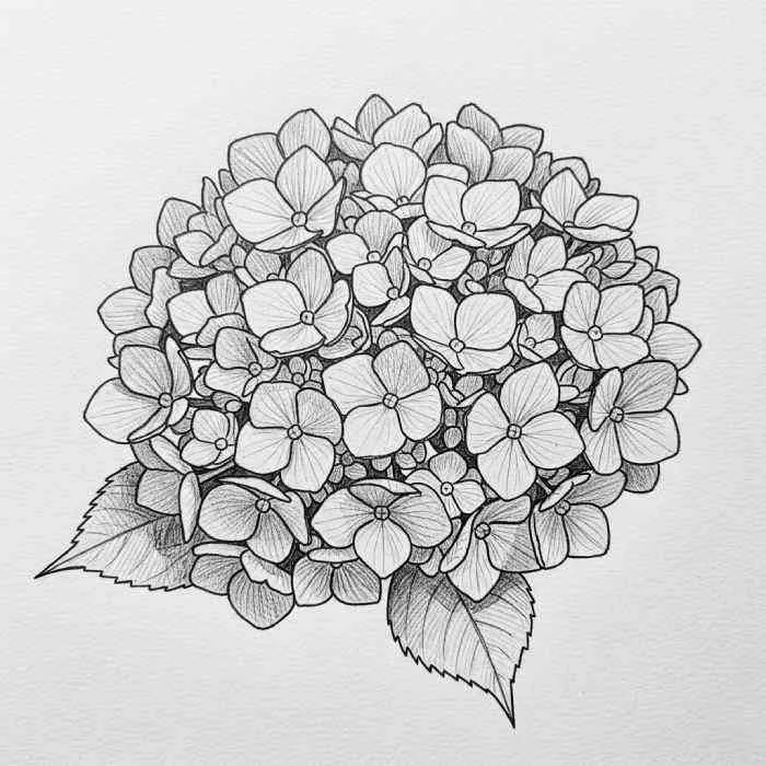 Pencil sketch of a hydrangea cluster with numerous small flowers and detailed leaves.