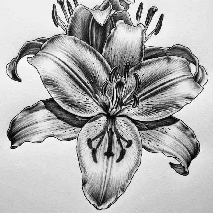 Realistic black and white drawing of a lily flower with detailed petals and prominent stamens