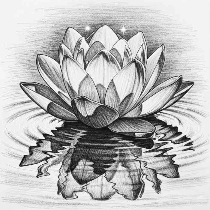 Realistic pencil drawing of a lotus flower floating on water with detailed reflection and ripples
