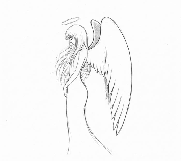 Minimalist anime angel in side profile with halo, long flowing hair, and large wings in clean line art style