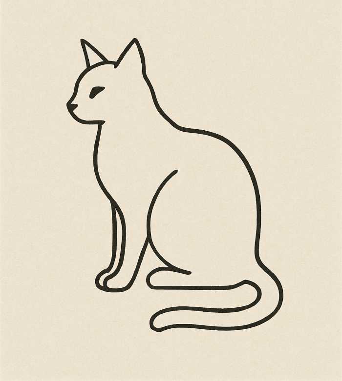 Minimalist line art drawing of a sitting cat in a side profile view.