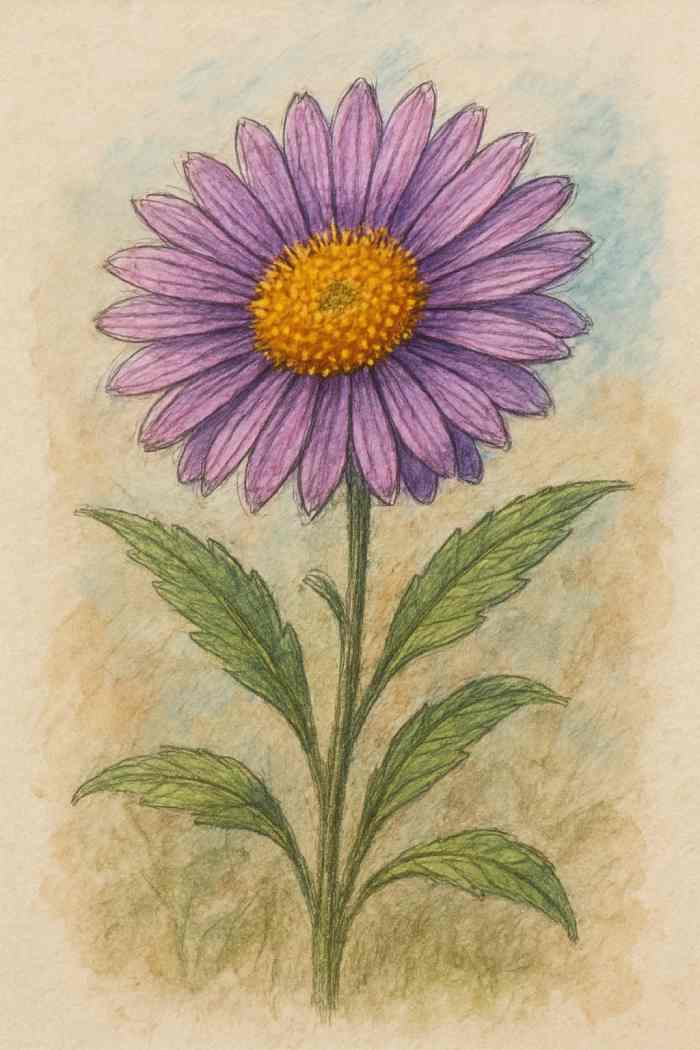 Mixed media drawing of a purple aster flower with yellow center and green leaves, combining pencil and watercolor textures