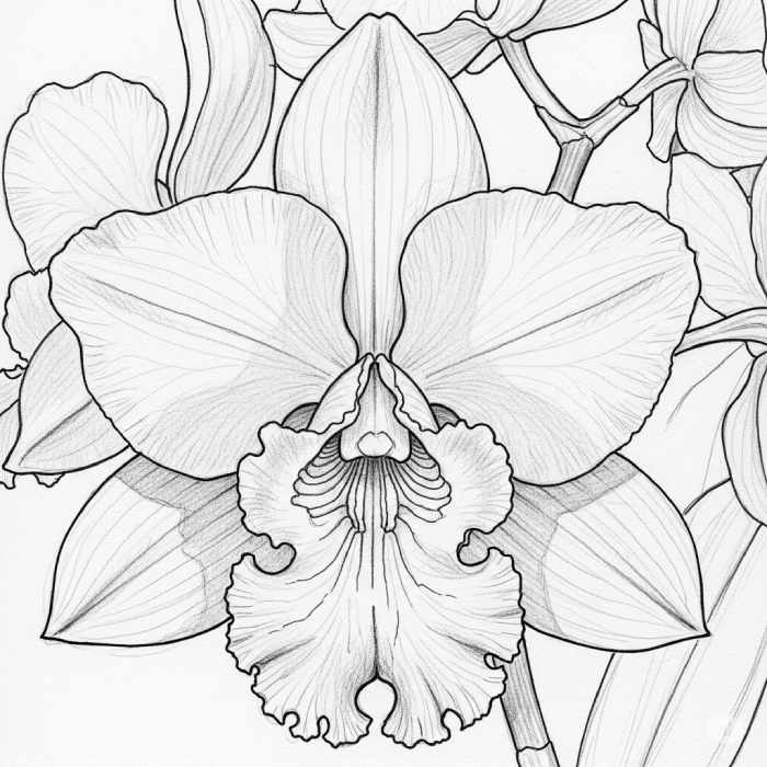 Pencil sketch of an orchid flower with delicate petals and fine line shading.