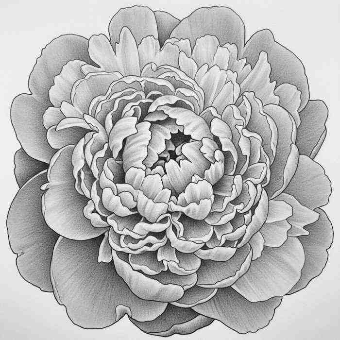 Detailed pencil drawing of a fully bloomed peony flower with layered petals.