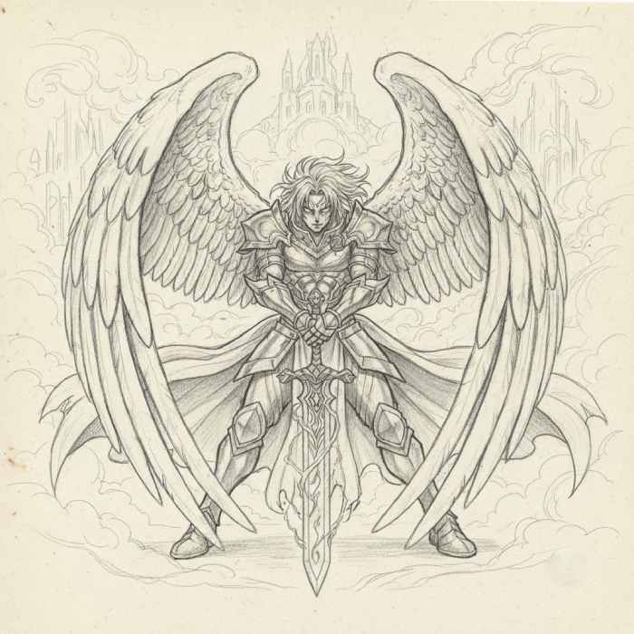 Powerful guardian anime angel in detailed armor holding a sword with large majestic wings in epic pencil sketch style