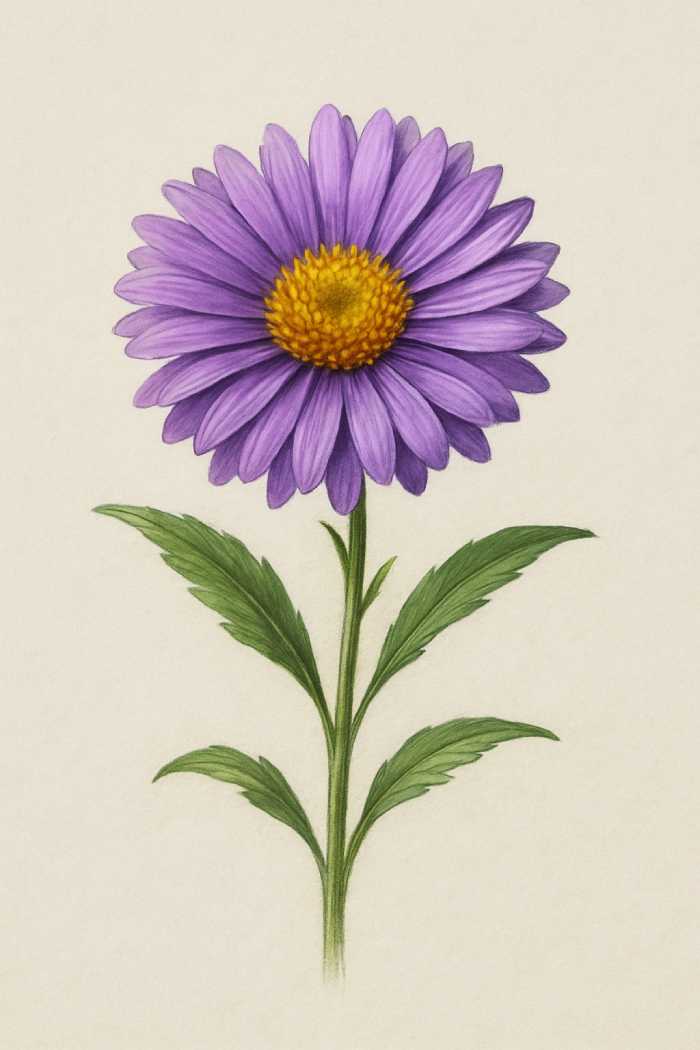 Botanical illustration of a purple aster flower with yellow center and green leaves