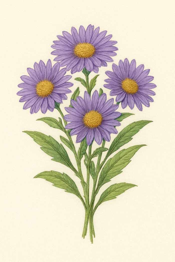 Illustration of a bouquet with four purple aster flowers and green leaves