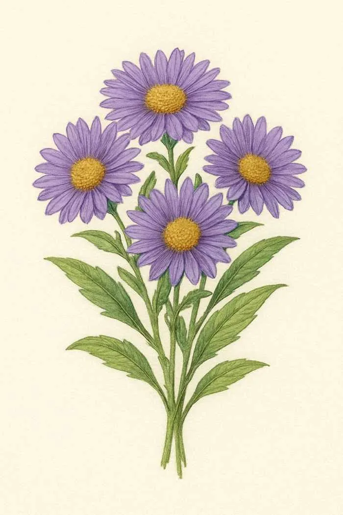 Illustration of a bouquet with four purple aster flowers and green leaves