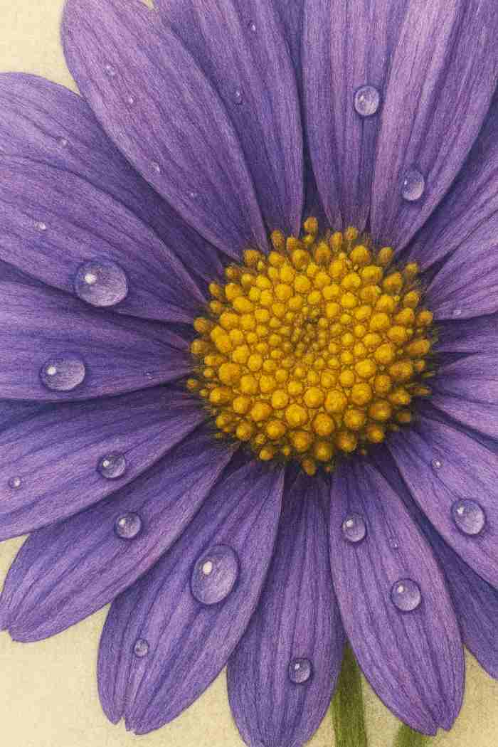 Close-up drawing of a purple aster flower with yellow center and water droplets