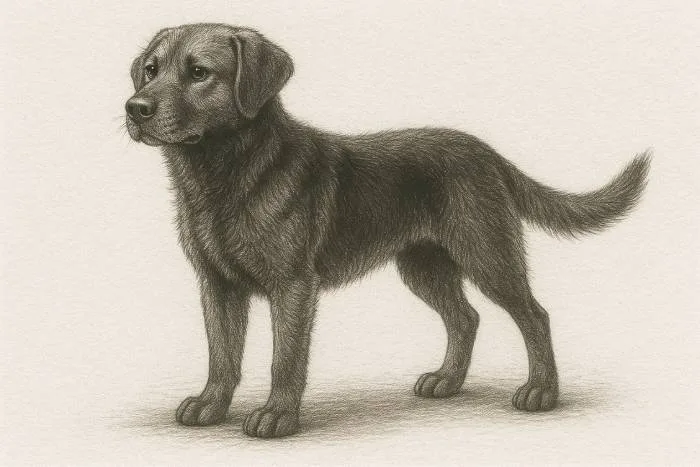 Realistic pencil drawing of a black dog standing, showcasing detailed fur texture and lifelike shading.