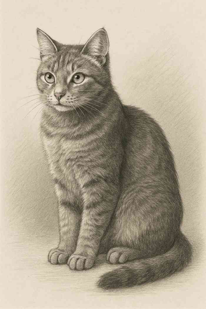 Realistic pencil drawing of a sitting tabby cat with detailed fur texture and shading.