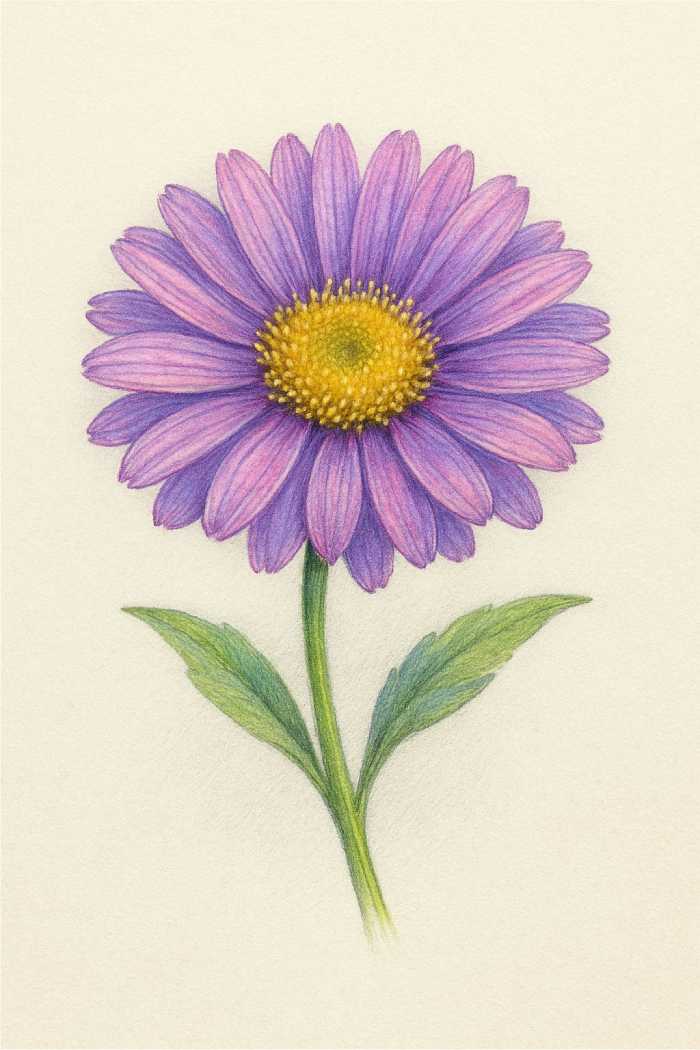 Realistic colored pencil drawing of a single purple aster flower with a yellow center and green leaves