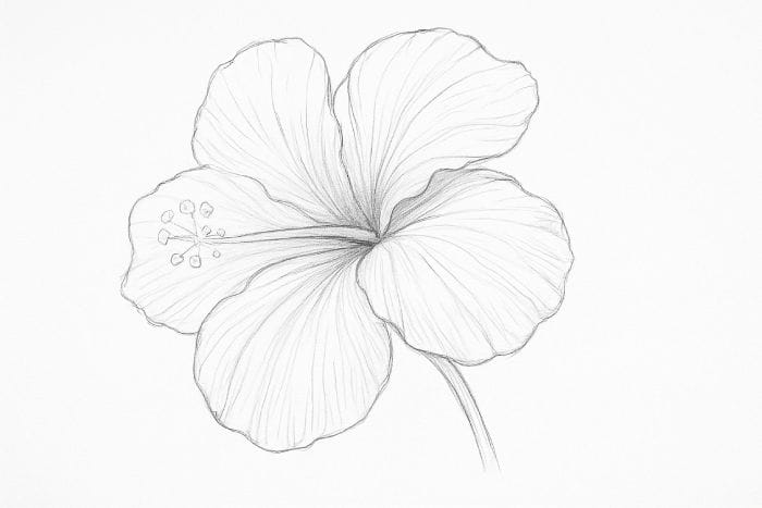 Realistic pencil drawing of a hibiscus flower with detailed petals, veins, and stamens on white paper