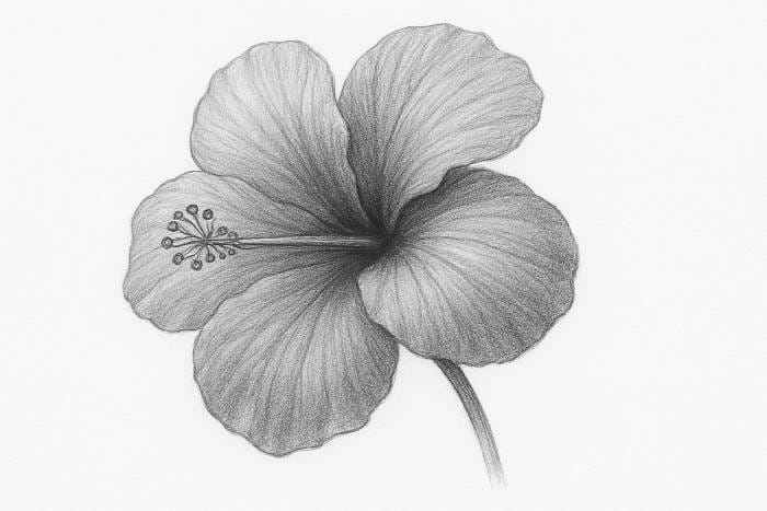 Realistic pencil sketch of a hibiscus flower with smooth shading on petals and detailed stamen structure on white background