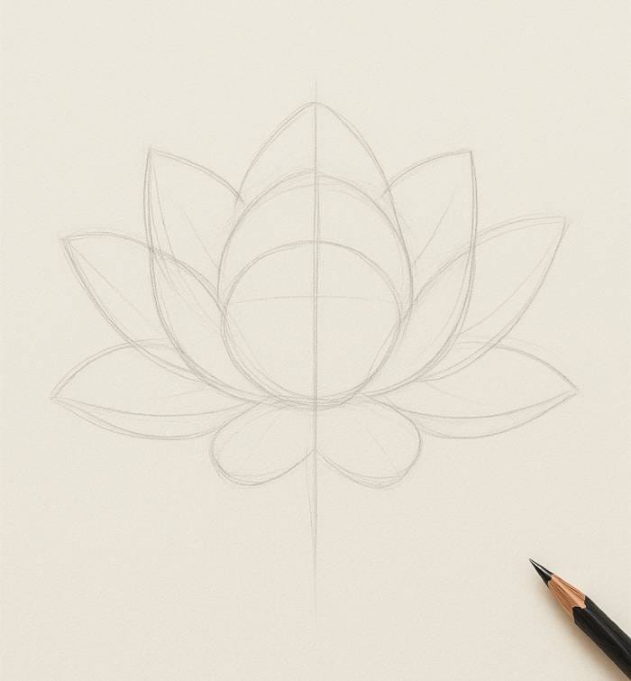 Pencil sketch of a realistic lotus flower drawing with outlined petals and central guidelines.