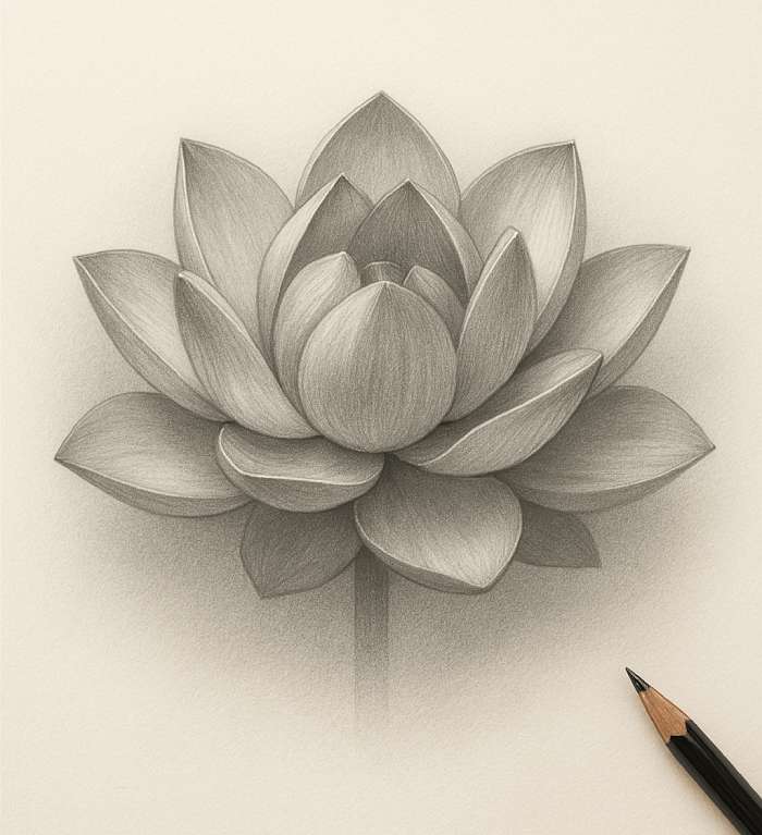Realistic lotus flower pencil drawing with detailed shading and layered petals, showing depth and texture.