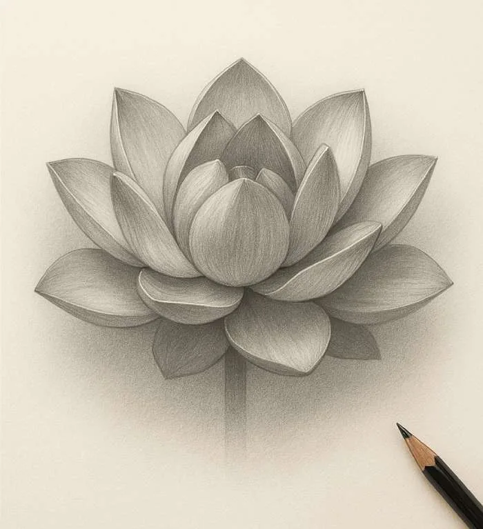 Realistic lotus flower pencil drawing with detailed shading and layered petals, showing depth and texture.