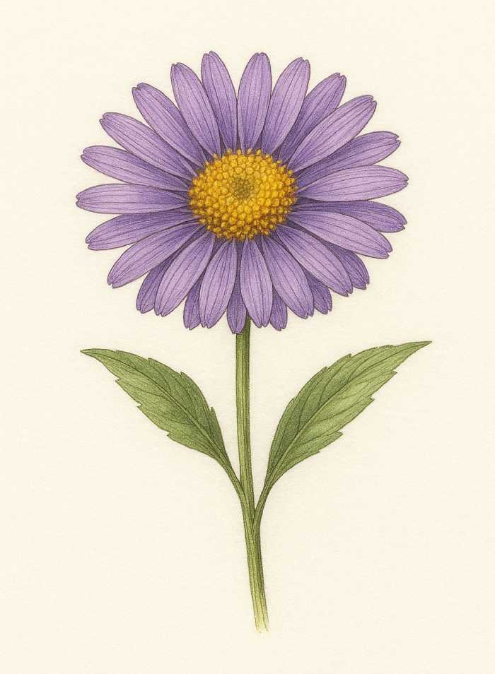 Realistic drawing of a purple aster flower with yellow center, green stem, and two leaves