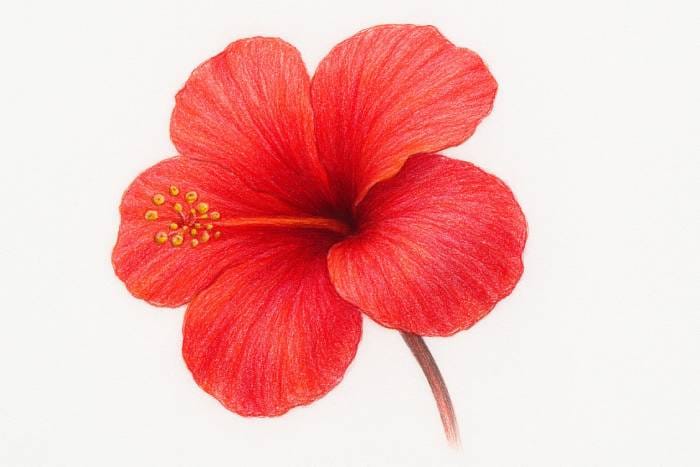 Realistic colored pencil drawing of a red hibiscus flower with detailed petals, yellow stamens, and a natural stem on a white background