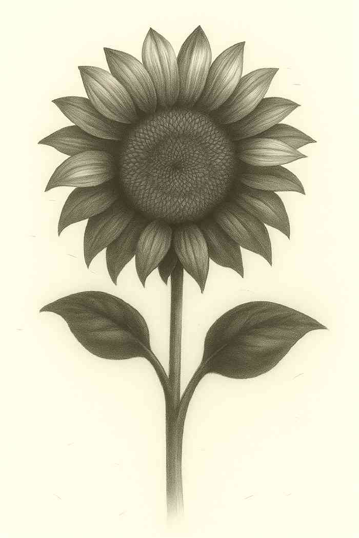 Complete sunflower pencil drawing with realistic shading on petals, detailed center, stem, and leaves