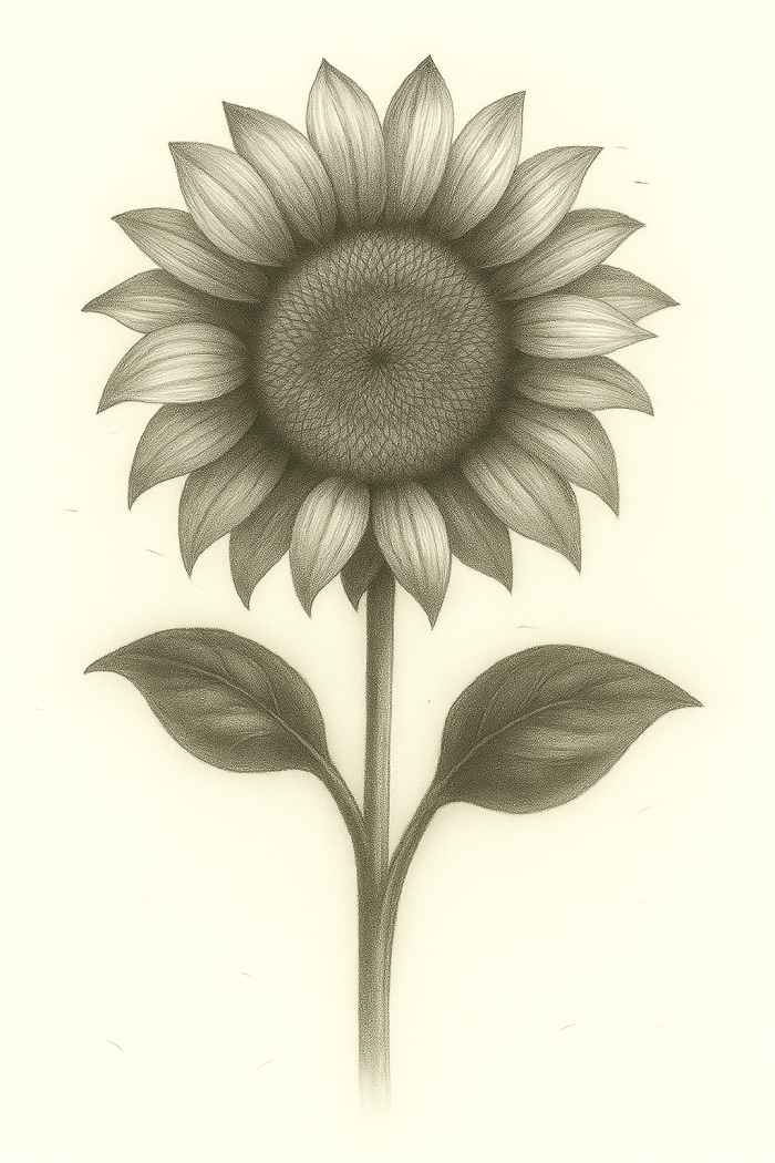 Finished sunflower pencil drawing with detailed petals, textured center, stem, and two shaded leaves