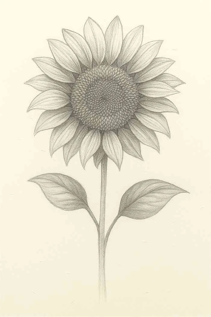 Completed sunflower pencil drawing with realistic shading on petals, center, stem, and leaves