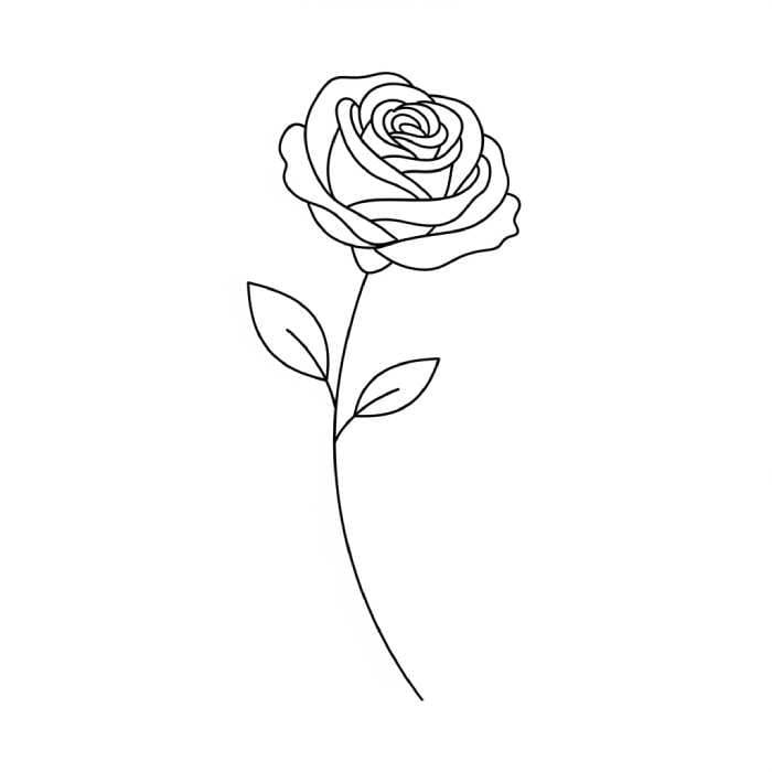 Simple outline drawing of a rose with two leaves on the stem