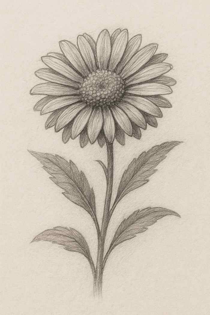 Pencil sketch of a single aster flower with shaded petals and leaves