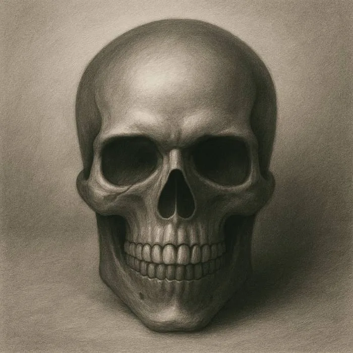 Skull sketch with realistic shading using blending and hatching techniques, showing depth in eye sockets, nasal cavity, and cheekbones