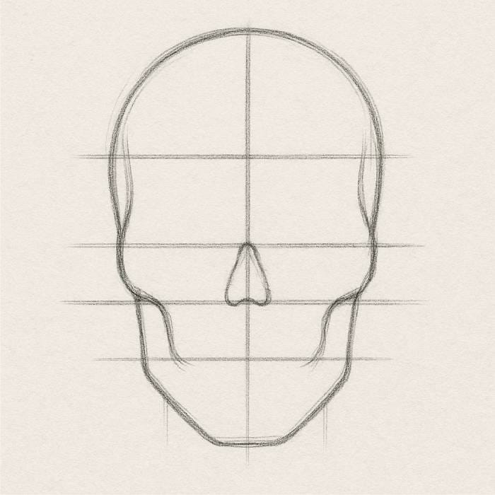 Skull sketch showing mapped facial proportions with guide lines for eyes, brow, nose, and teeth