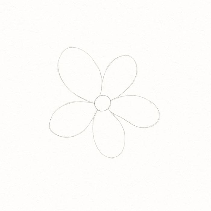 Simple pencil outline of a flower with five petals and a round center, step 1 of a flower drawing tutorial.