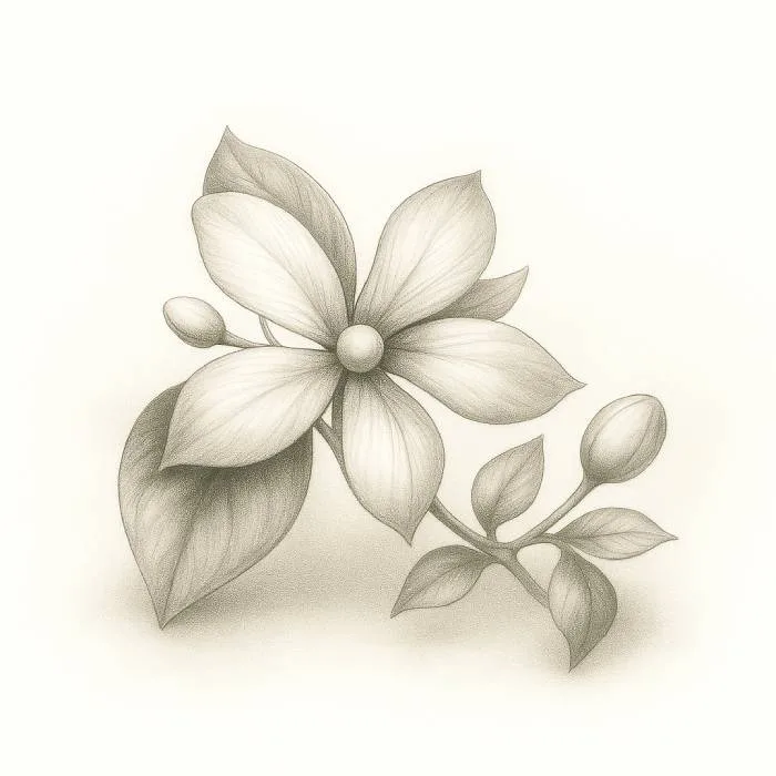 Completed pencil drawing of a flower with five shaded petals, detailed leaves, and buds, showing the final step of a flower drawing tutorial.