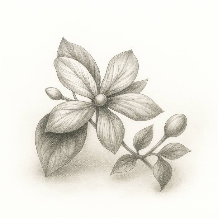 Fully shaded realistic pencil drawing of a flower with detailed petals, leaves, and buds, showing the completed final step of a flower drawing tutorial.