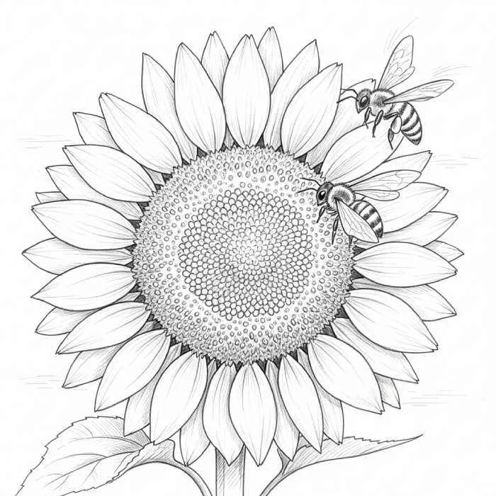 Pencil drawing of a sunflower in full bloom with two bees collecting nectar from its center.