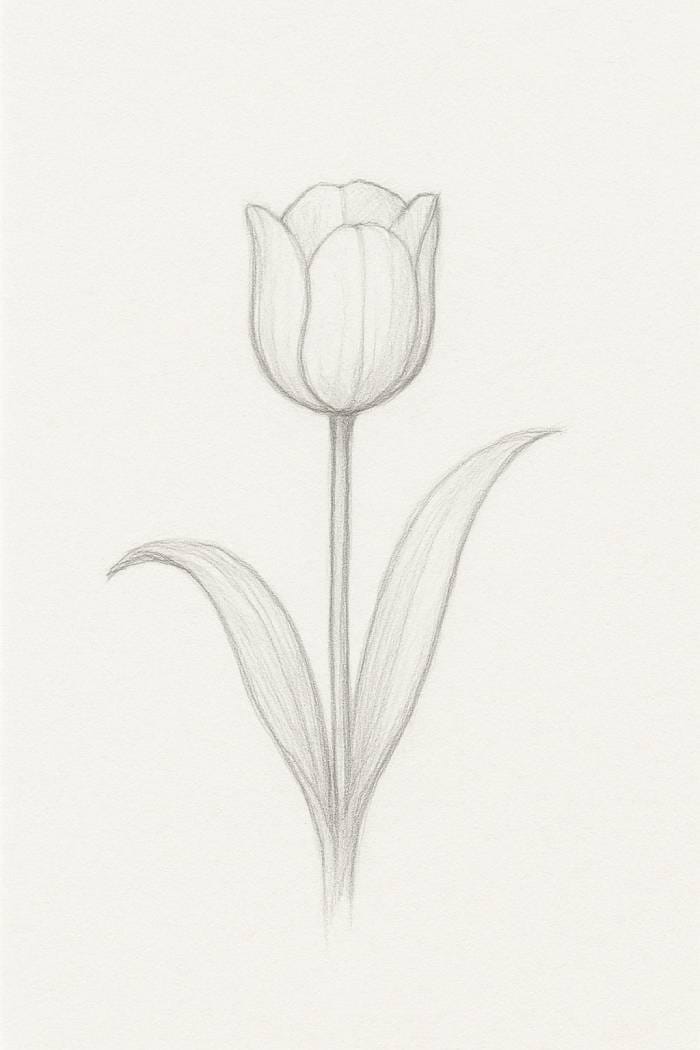 Pencil sketch of a tulip with refined stem and sweeping leaves, showing step two of the tulip drawing process.