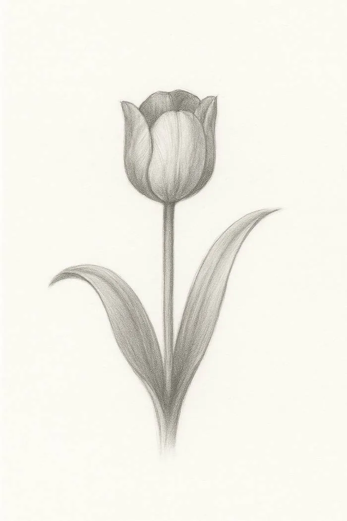 Pencil drawing of a tulip with light shading applied to petals and leaves, showing depth and realism in step three of the tulip sketching process.