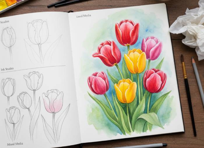 Artistic drawing of tulips with detailed petals, stems, and leaves, showing a realistic floral sketch of multiple tulip flowers.