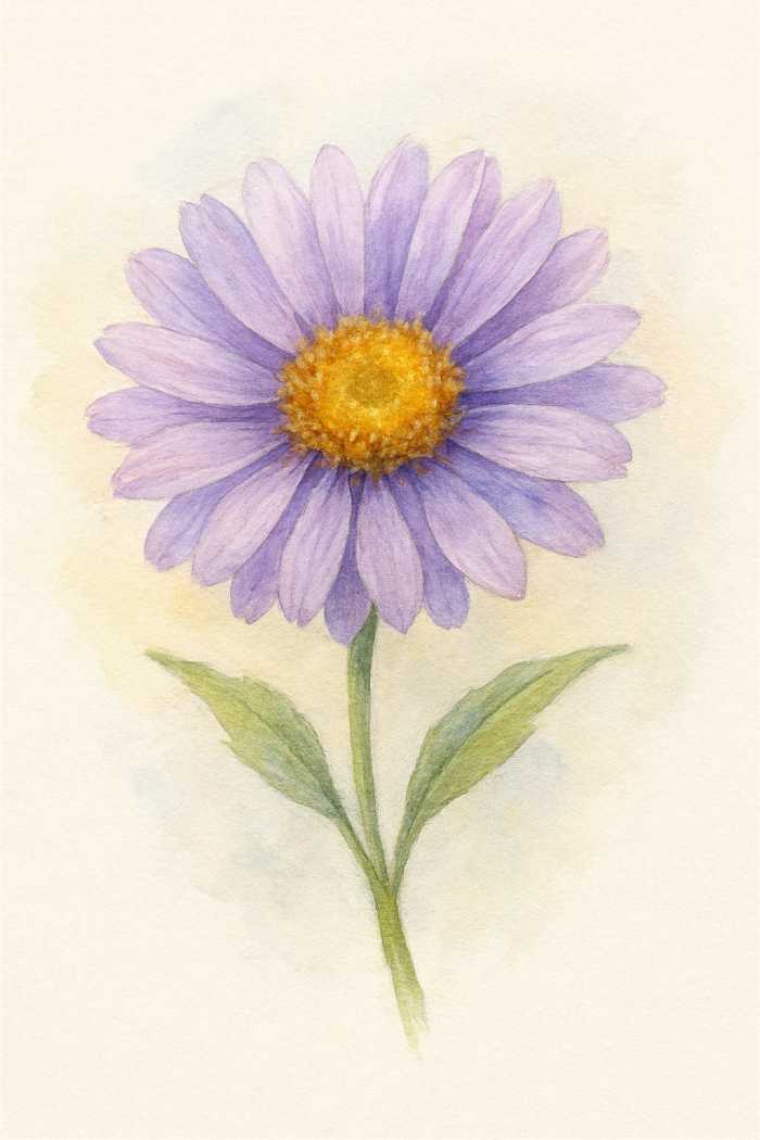 Watercolor painting of a single purple aster flower with a golden-yellow center and green leaves