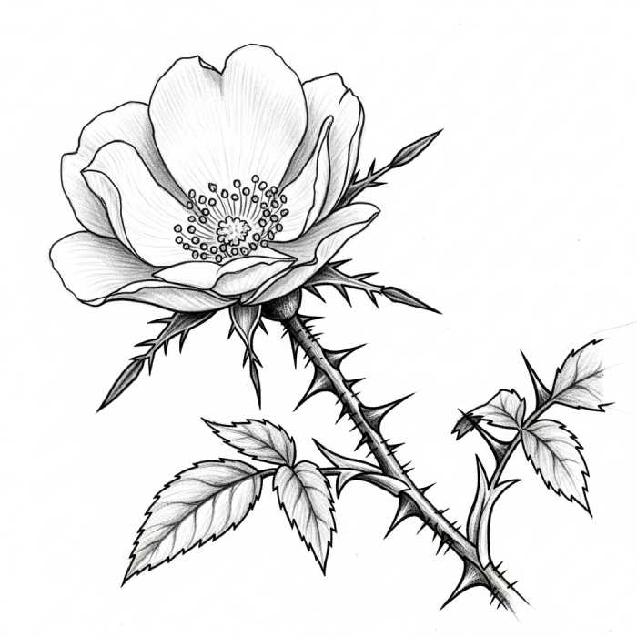 Detailed pencil drawing of a wild rose with delicate petals, sharp thorns, and textured leaves