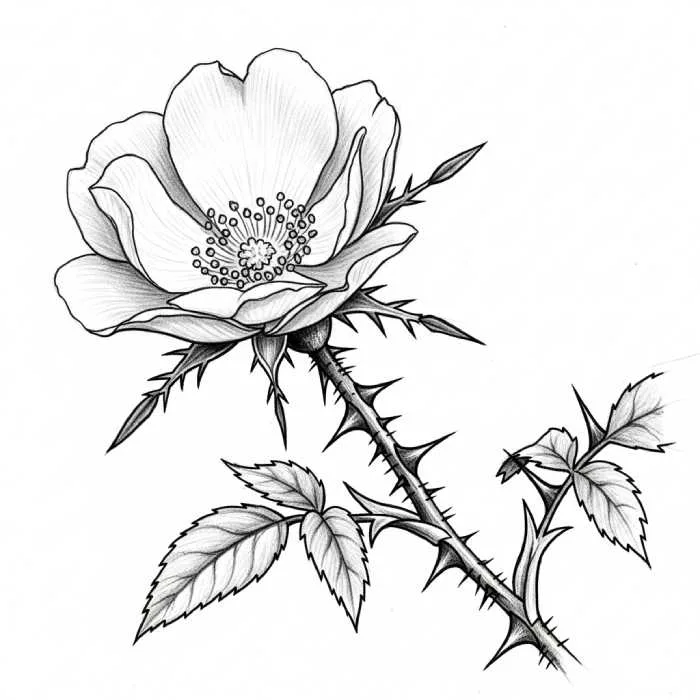 Detailed pencil drawing of a wild rose with delicate petals, sharp thorns, and textured leaves