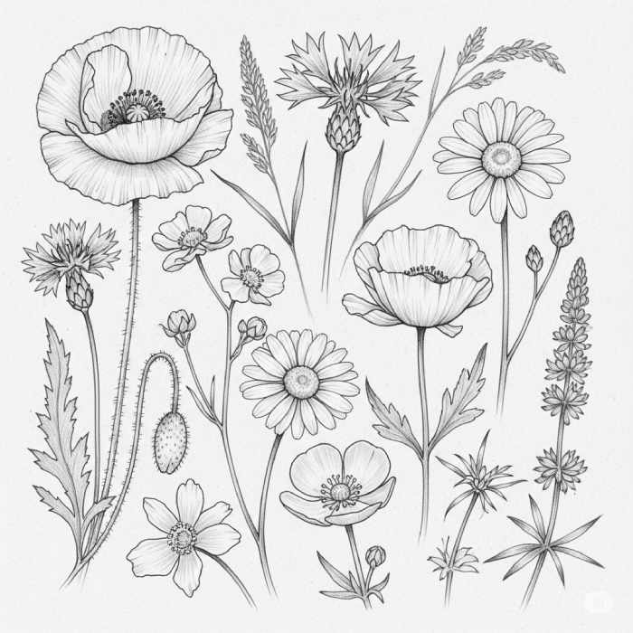 Pencil drawing of various wildflowers including daisies, poppies, and other floral varieties with leaves and stems